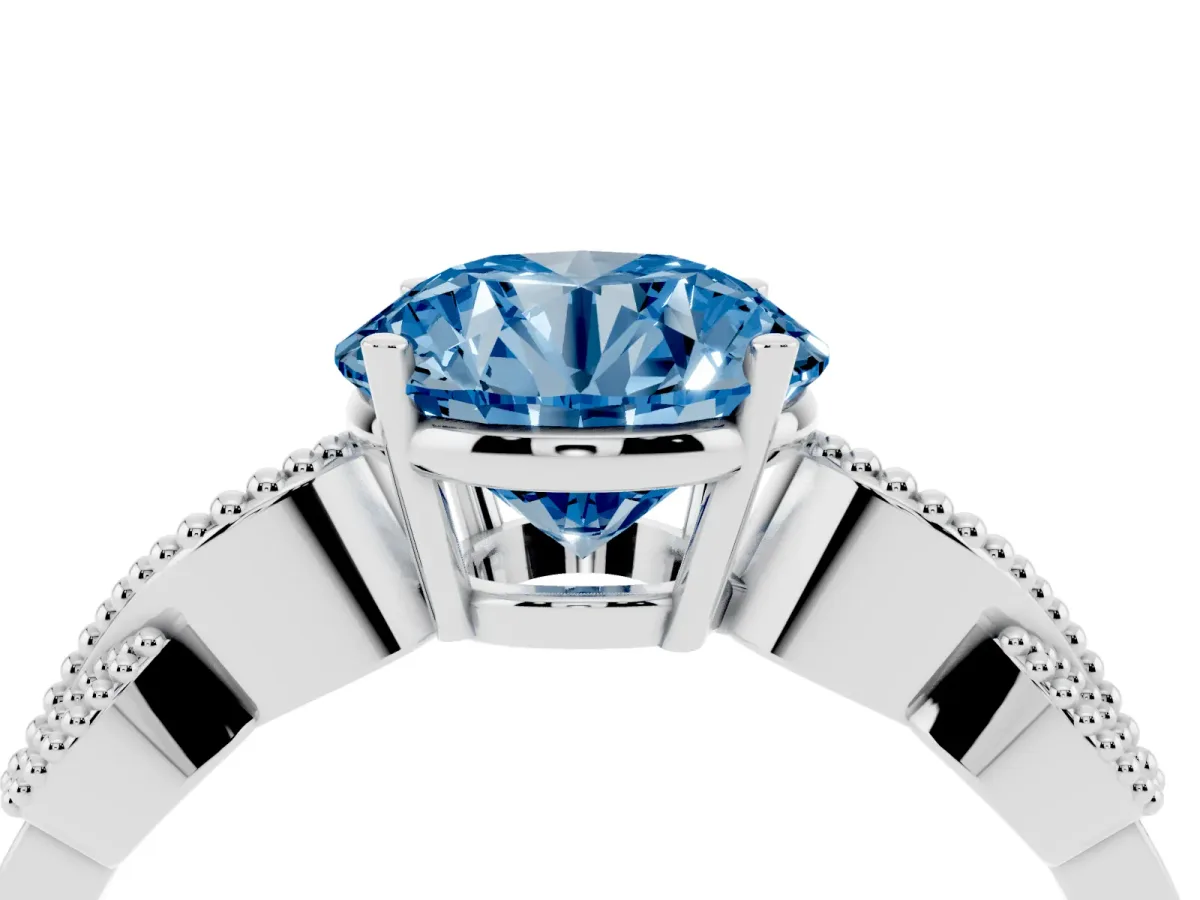 Fancy Blue Round Cut Solitaire Milgrain Leaf Band with Prong Setting Silver