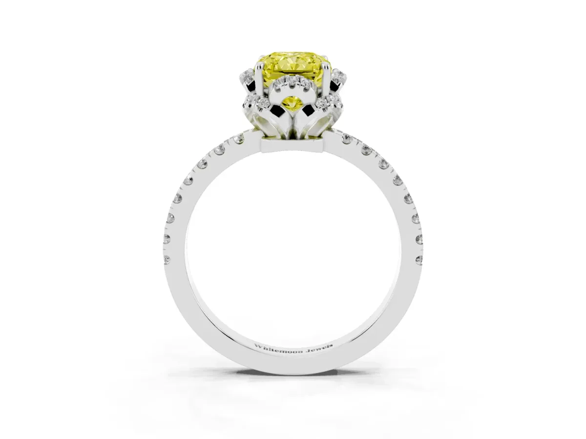 Fancy Yellow Radiant Cut Diamond Halo Pave Band with Four-Prong Setting White gold