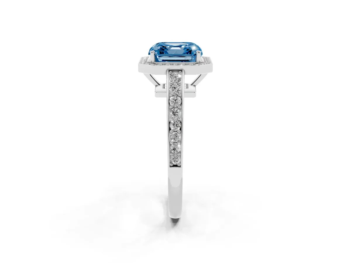 Fancy Blue Asscher Cut Halo Pavé Diamond Engagement Ring with Bezel Setting Platinum
