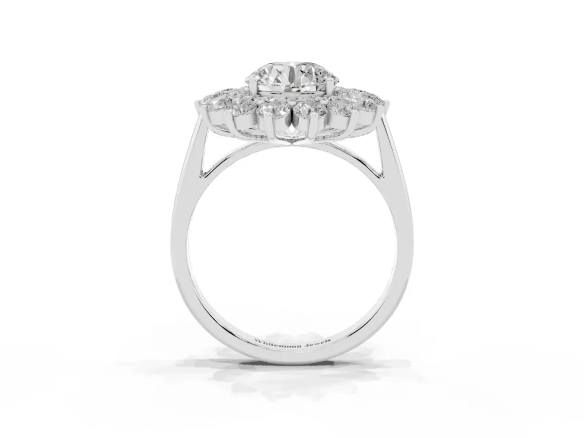 Round Cut Diamond Floral Double Halo Engagement Ring with Prong Setting Silver