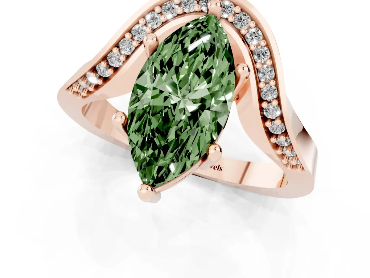 Fancy Green Marquise Cut Solitaire Diamond Engagement Ring with Pave Band and Four-Prong Setting Rose gold