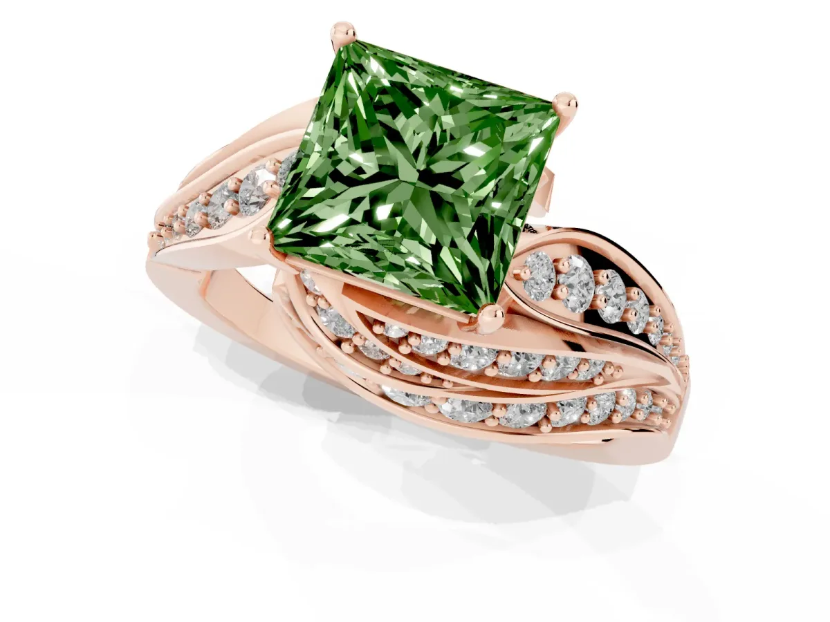 Fancy Green Princess Cut Diamond Solitaire Ring with Prong Setting and Twisted Pavé Band Rose gold