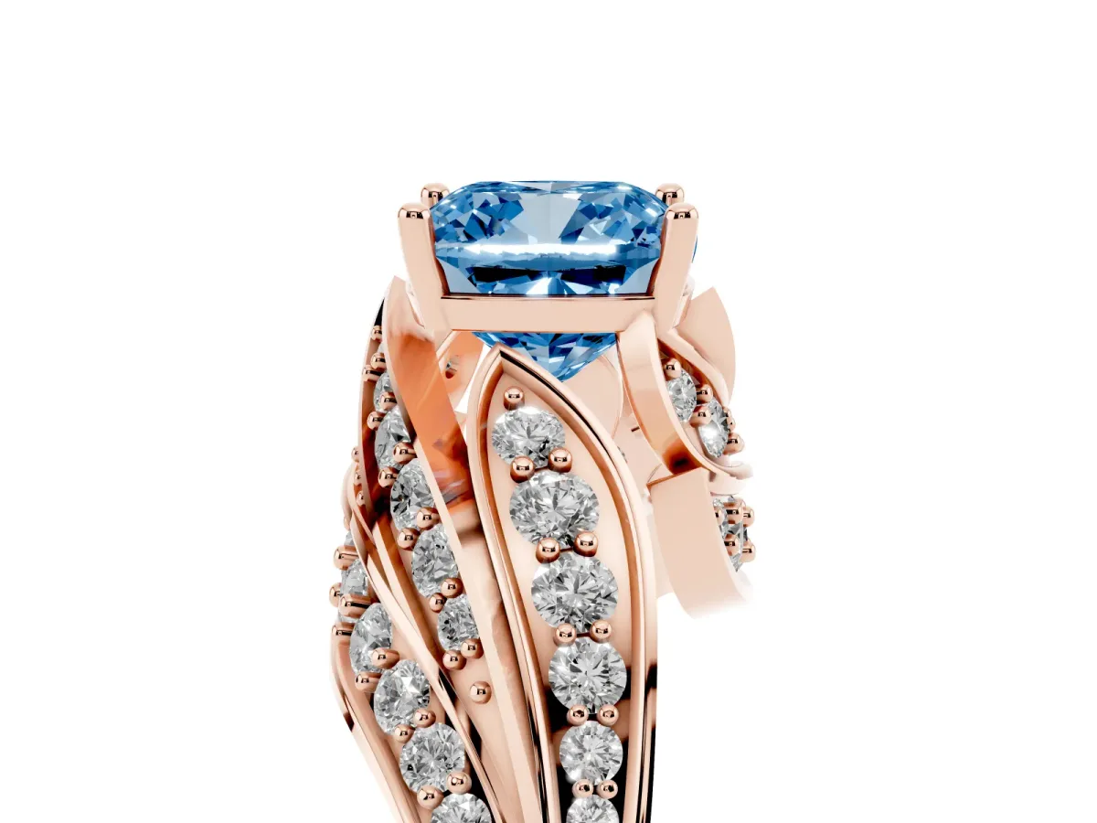 Fancy Blue Cushion Cut Diamond Solitaire Ring with Prong Setting and Twisted Pavé Band Rose gold