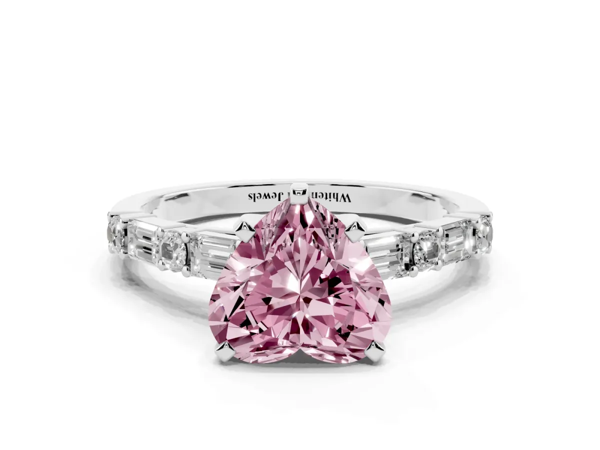 Fancy Pink Heart Cut Diamond Solitaire with Side Baguettes and Channel Set Band Platinum