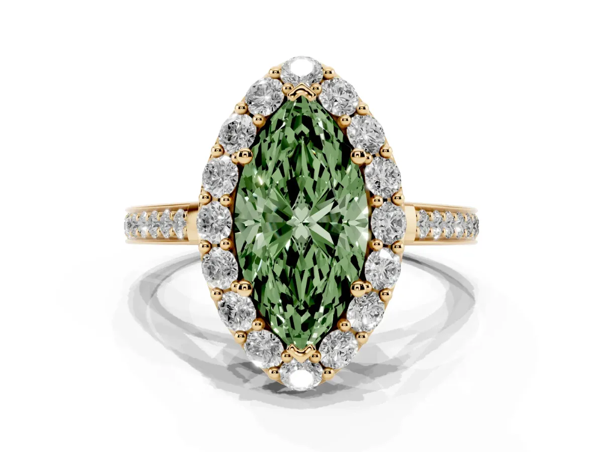 Fancy Green Marquise Cut Diamond Floral Halo Ring with Pavé Band and Prong Setting Yellow gold