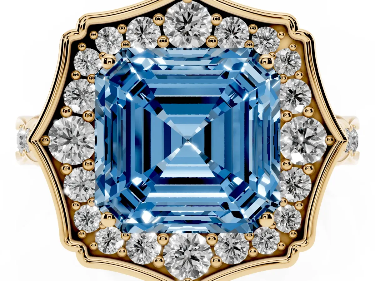 Fancy Blue Asscher Cut Halo Diamond Engagement Ring with Milgrain Band and Four-Prong Setting Yellow gold