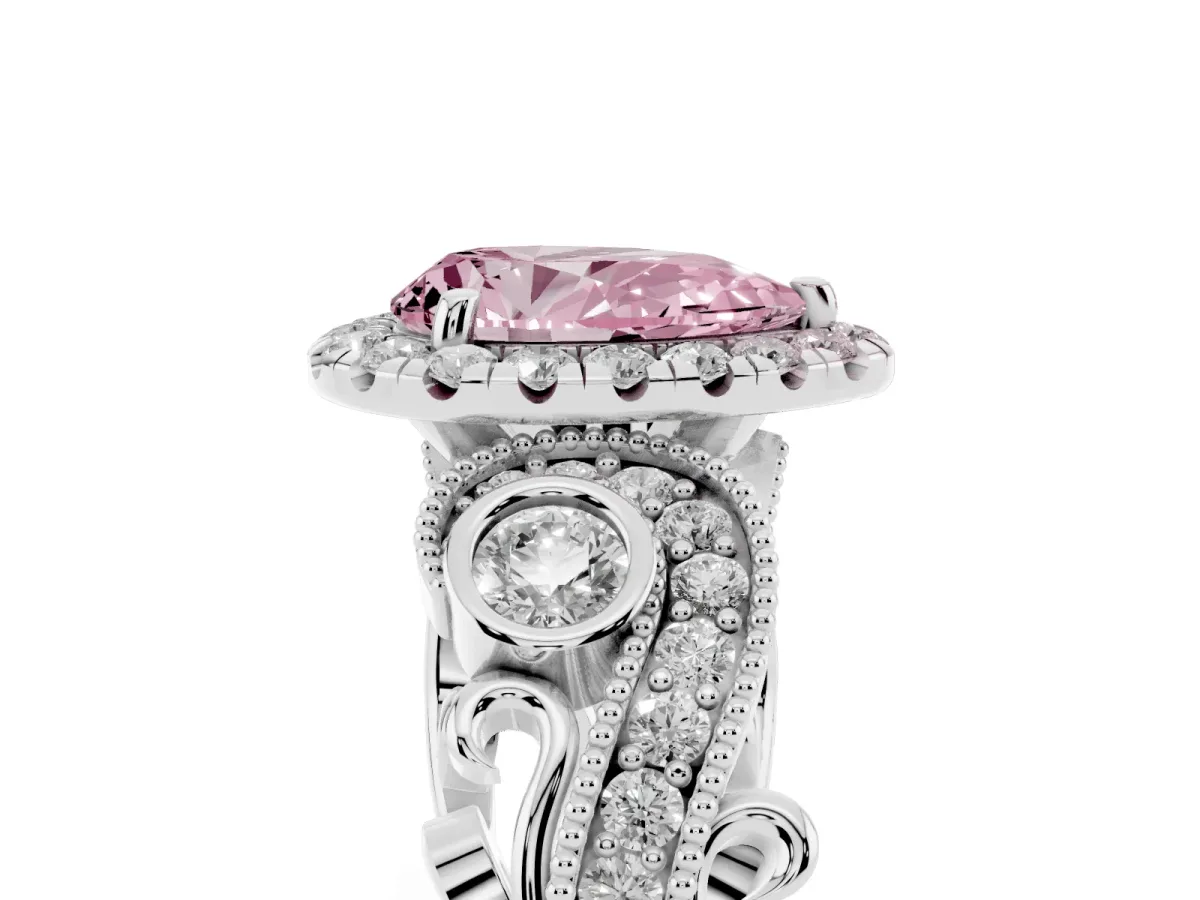 Fancy Pink Pear Cut Halo Diamond Ring with Milgrain and Bezel Accents on a Split Shank Band Silver