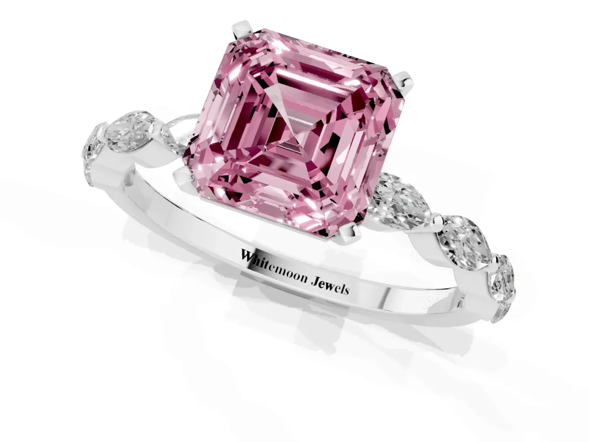 Fancy Pink Asscher Cut Diamond Ring with Marquise Side Stones and Prong Setting Platinum