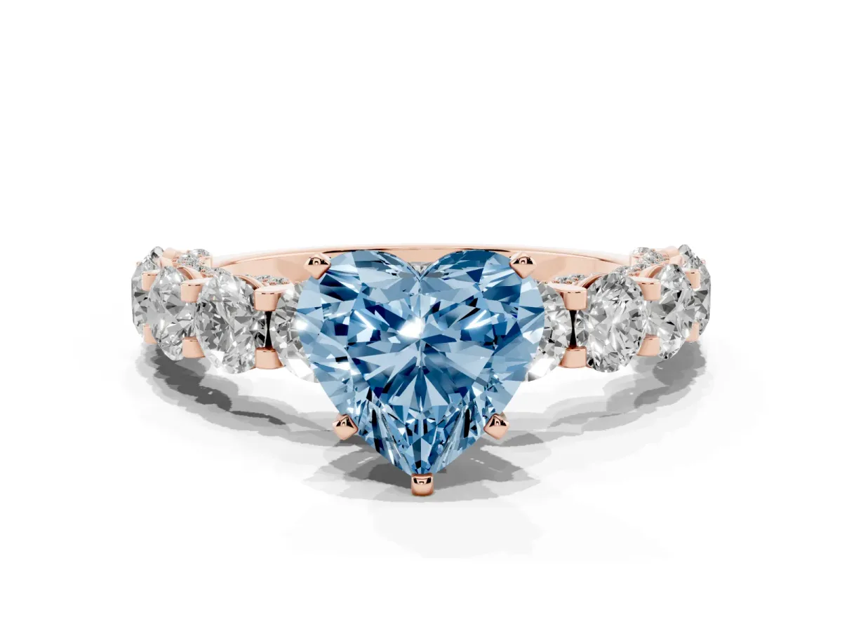 Fancy Blue Heart Cut Diamond Side Stone Engagement Ring with Four-Prong Setting Rose gold