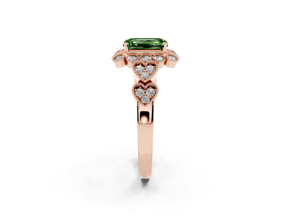 Fancy Green Emerald Cut Brilliant Milgrain Pave Heart Band Solitaire Ring Rose gold