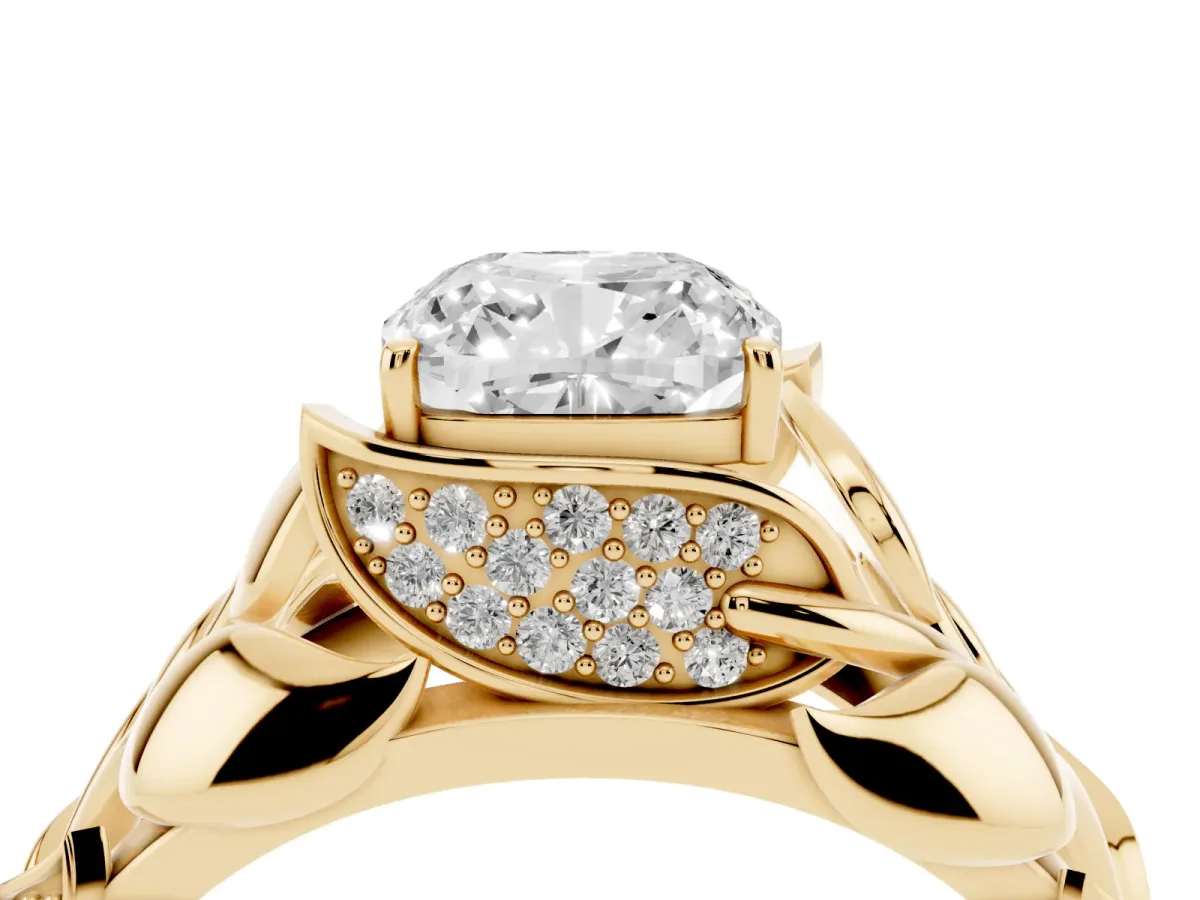 Cushion Cut Diamond Leaf-Inspired Engagement Ring with Round Accents and Prong Setting Yellow gold