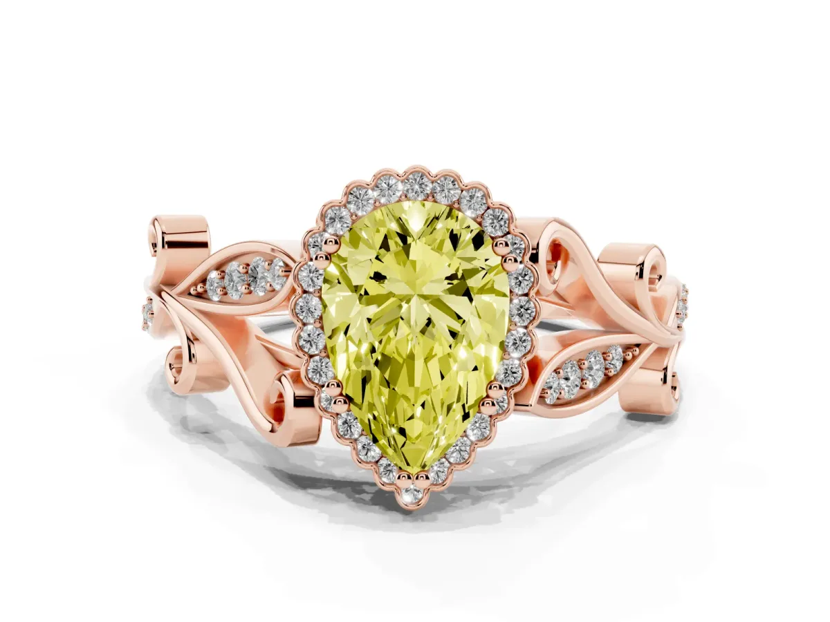 Fancy Yellow Pear Cut Diamond Halo Ring with Vintage Split Shank and Four-Prong Setting Rose gold