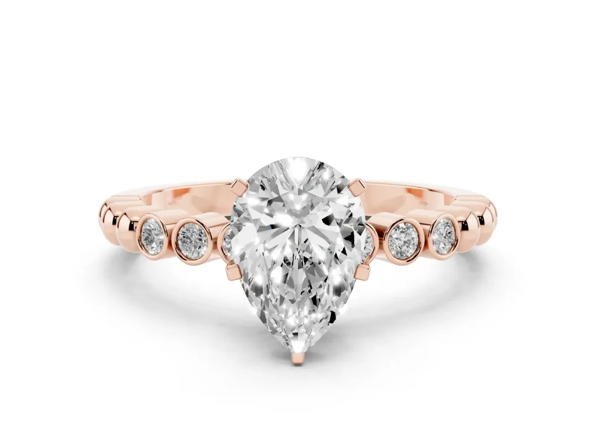 Pear Cut Solitaire Bezel Accent Diamond Engagement Ring with Beaded Band and Four-Prong Setting Rose gold