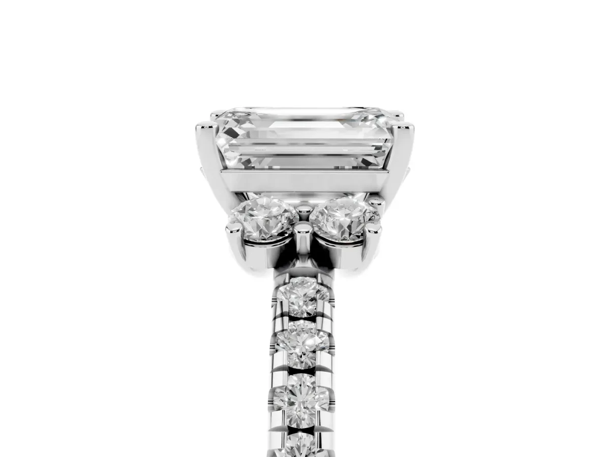 Emerald Cut Diamond Three-Stone Pave Band with Four-Prong Setting Platinum