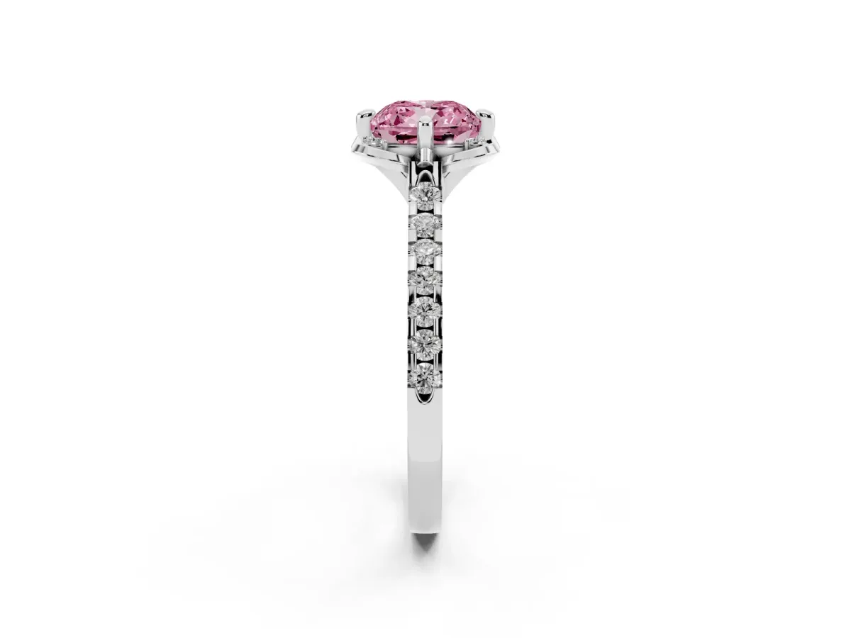 Fancy Pink Cushion Cut Diamond Ring with Pavé Band and Floral Prong Setting Platinum