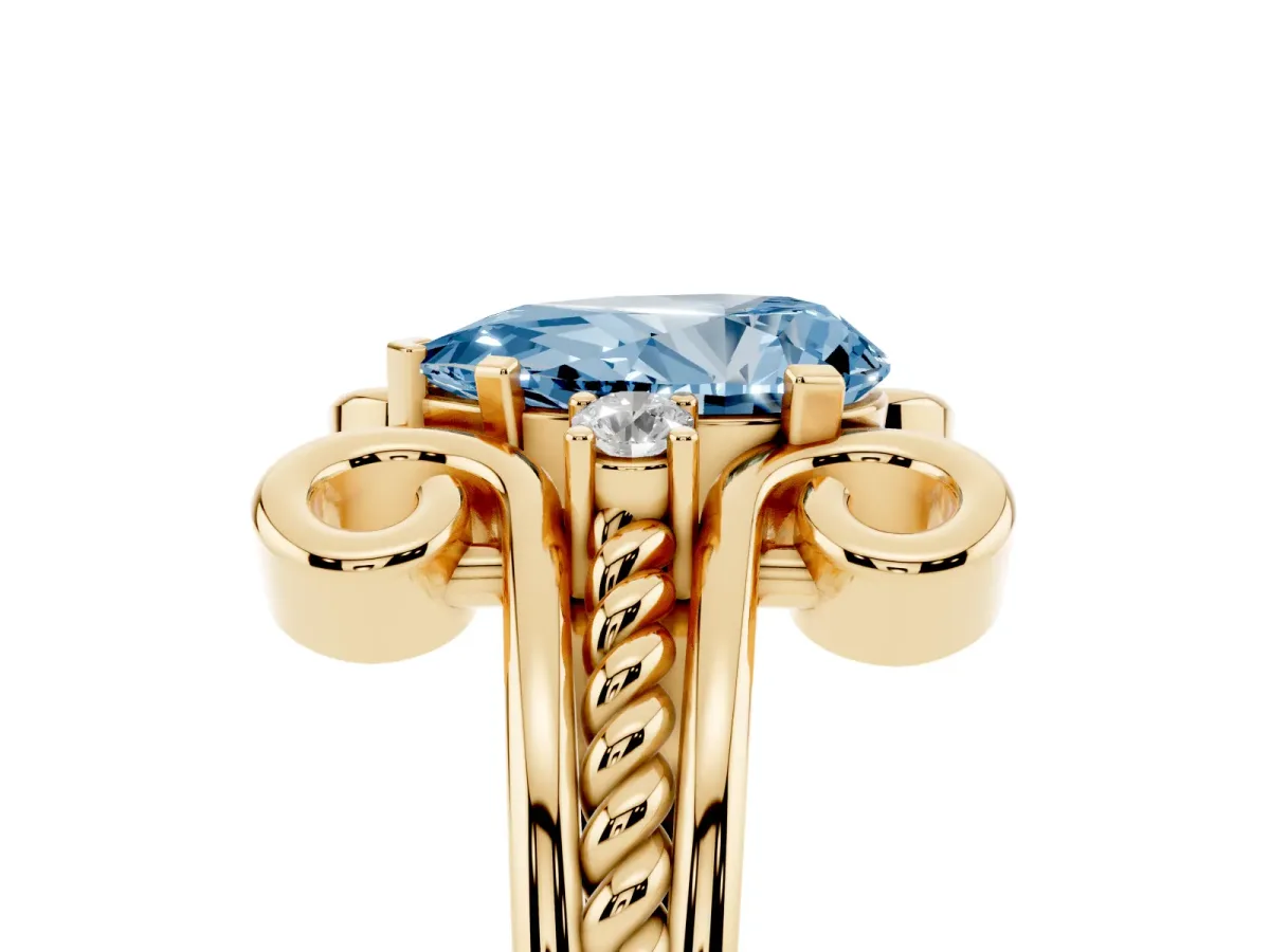 Fancy Blue Pear Cut Solitaire Twisted Band Scroll Prong Ring Yellow gold