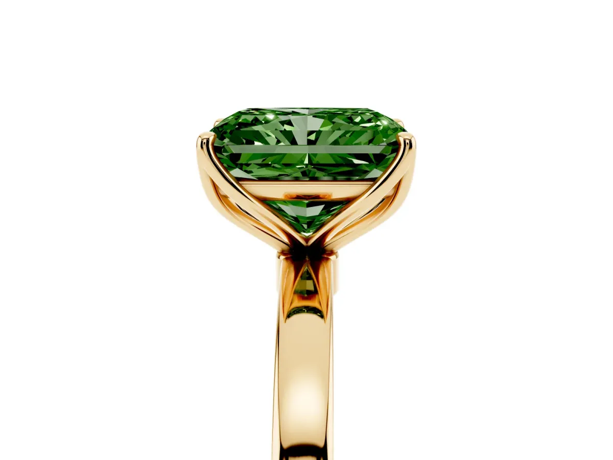 Fancy Green Radiant Cut Diamond Solitaire Ring with Thin Band and Prong Setting Yellow gold