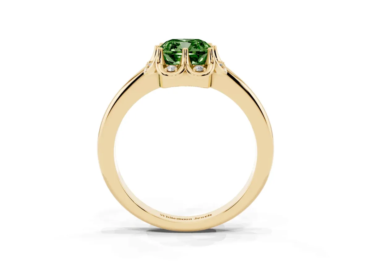 Fancy Green Cushion Cut Halo Diamond Ring with Round Cluster Setting, Solitaire Band, and Four-Prong Setting Yellow gold