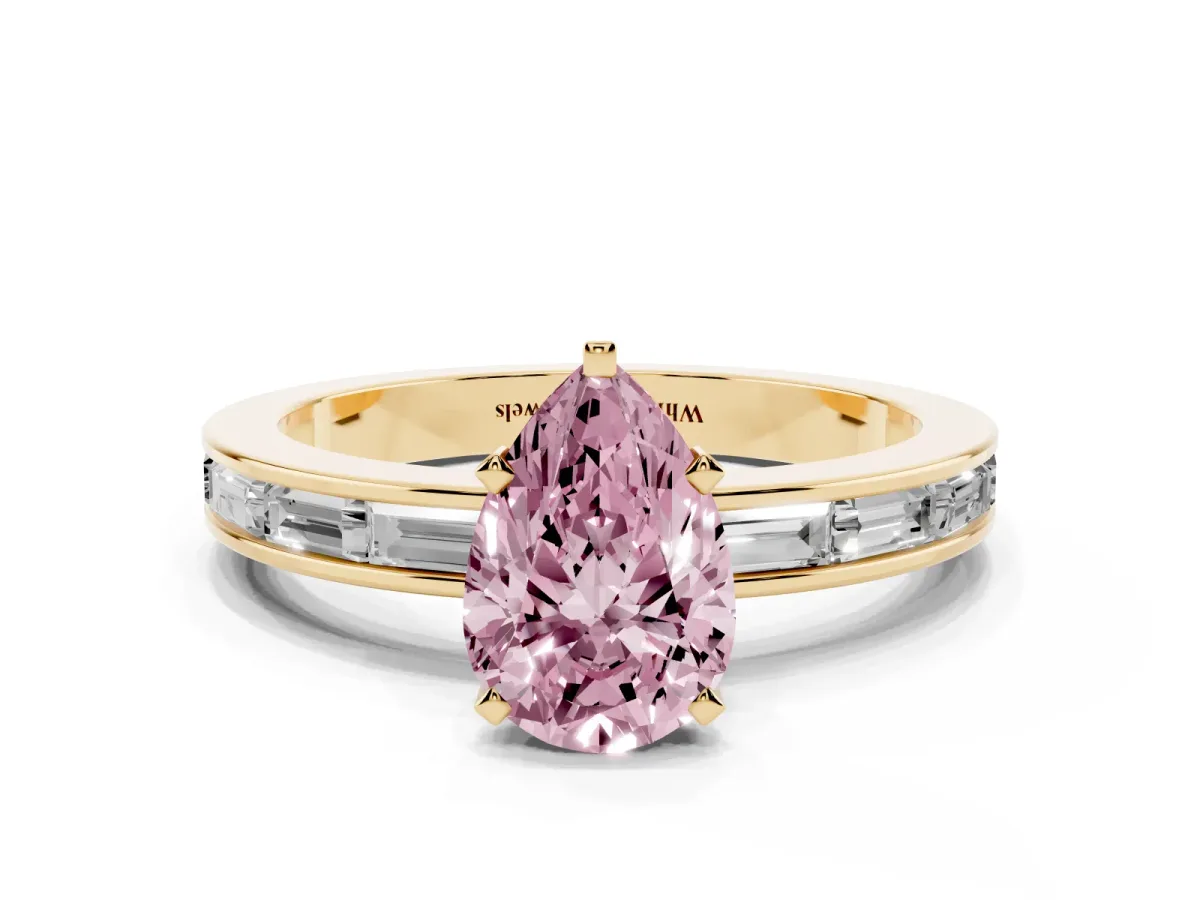 Fancy Pink Pear Cut Solitaire Diamond Ring with Channel-Set Baguette Band and Four-Prong Setting Yellow gold