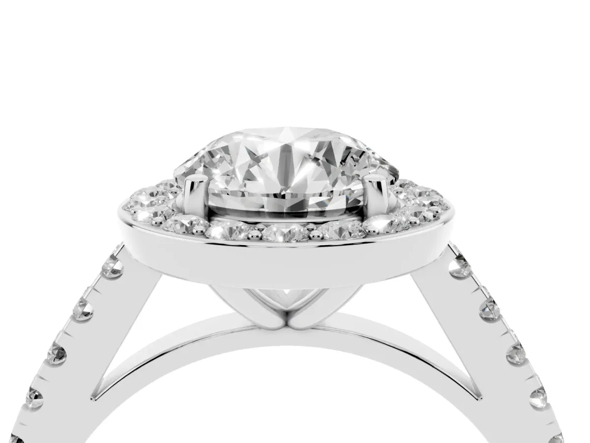 Round Cut Diamond Halo Ring with Round Pavé Split Shank and Prong Setting Silver