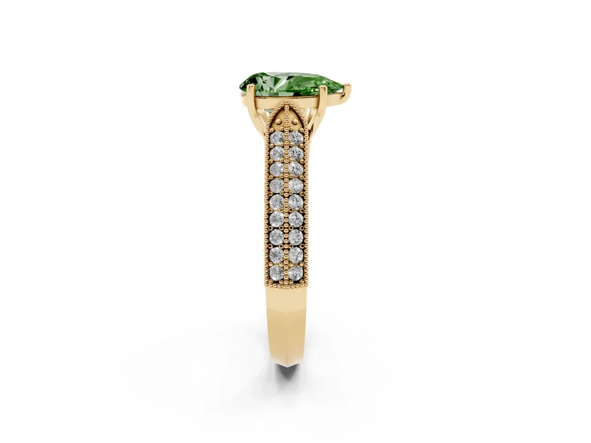 Fancy Green Pear Cut Cut Pave Split Shank Engagement Ring with Four-Prong Setting Yellow gold