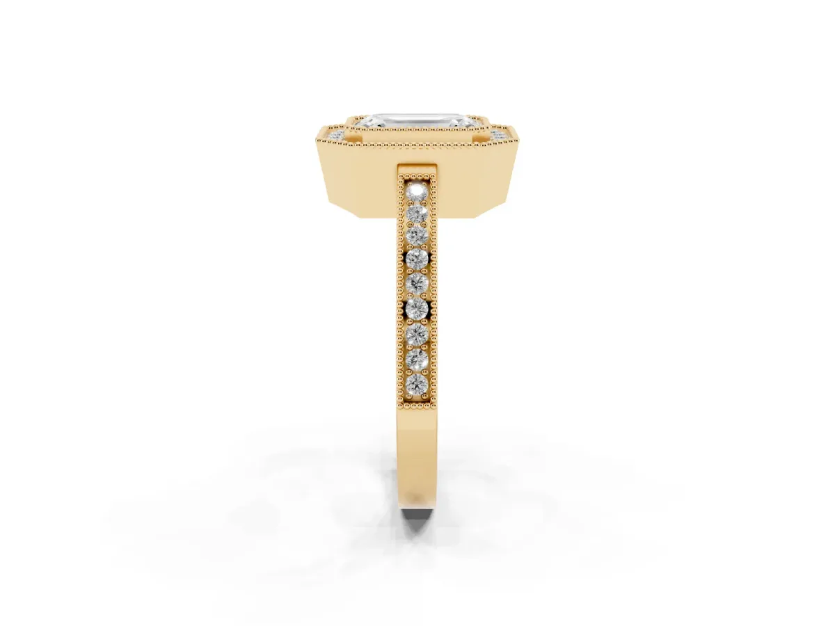 Emerald Cut Cut Halo Diamond Ring with Pavé Band and Milgrain Prong Setting Yellow gold