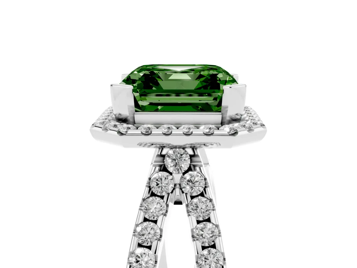 Fancy Green Asscher Cut Diamond Halo Ring with Split Shank Pavé Band and Prong Setting Silver