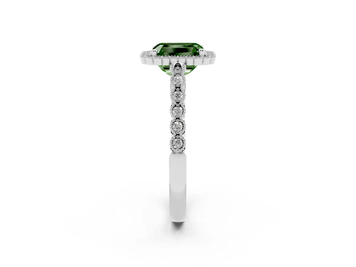 Fancy Green Radiant Cut Cut Halo Pavé Solitaire Ring with Milgrain Band Platinum