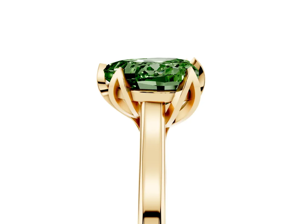 Fancy Green Heart Cut Diamond Solitaire Ring with Flower Prong Setting and Classic Band Yellow gold