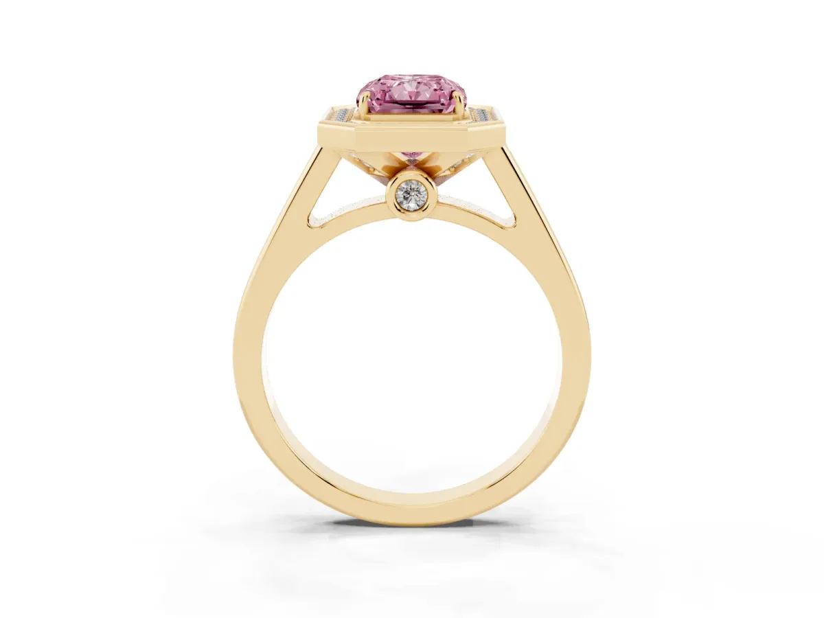 Fancy Pink Radiant Cut Halo Solitaire Diamond Ring with Pave Band and Bezel Setting Yellow gold
