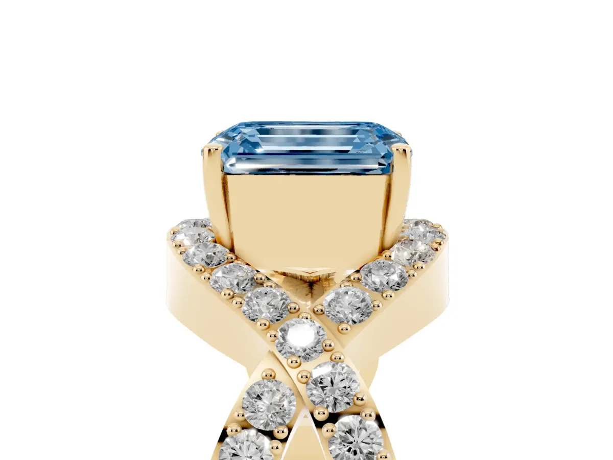 Fancy Blue Emerald Cut Solitaire Twist Band Pavé Diamond Engagement Ring Yellow gold