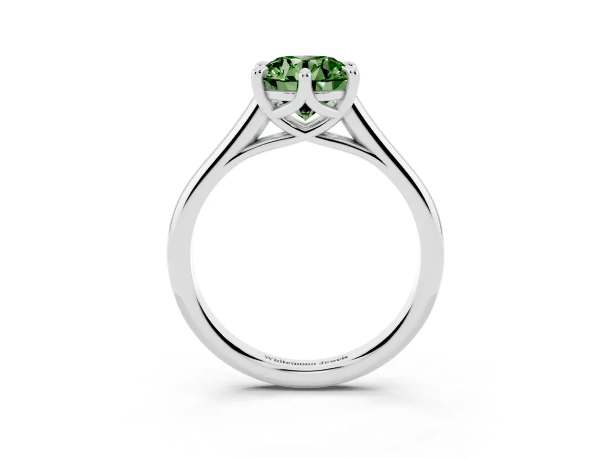 Fancy Green Round Cut Solitaire Engagement Ring with Six-Prong Setting and Classic Band Silver