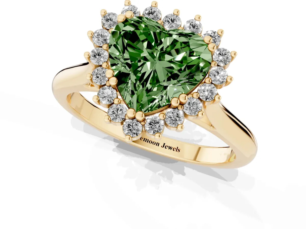 Fancy Green Heart Cut Cut Diamond Halo Ring with Solitaire Band and Prong Setting Yellow gold