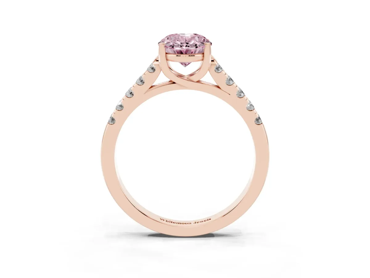 Fancy Pink Oval Cut Diamond Pavé Band Solitaire Ring with Prong Setting Rose gold