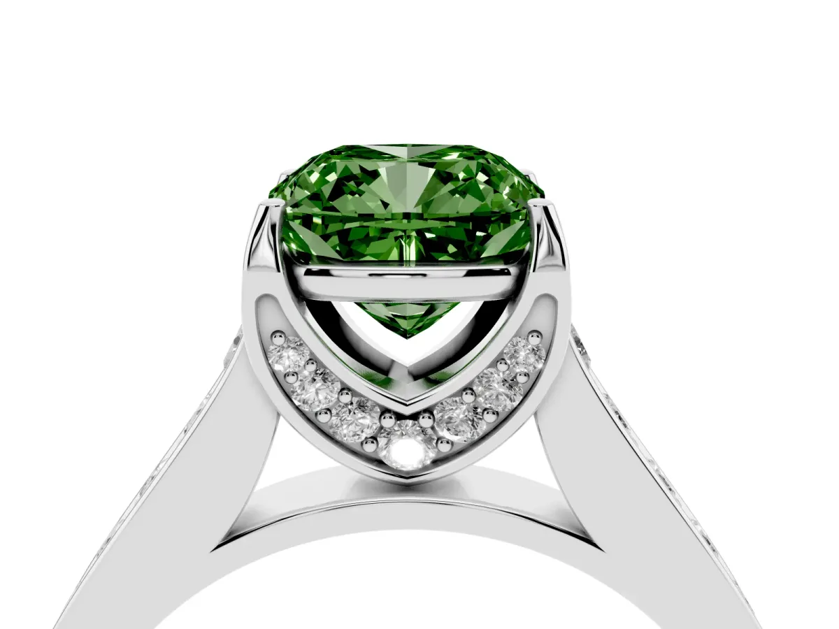 Fancy Green Cushion Cut Brilliant Cut Diamond Engagement Ring with Pavé Band and Four-Prong Setting Platinum