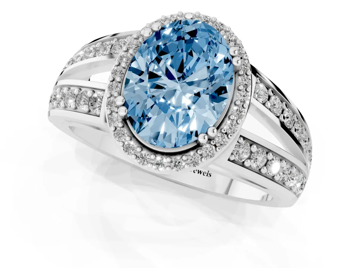 Fancy Blue Oval Cut Diamond Halo Ring with Split Shank Pavé Band and Four-Prong Setting White gold