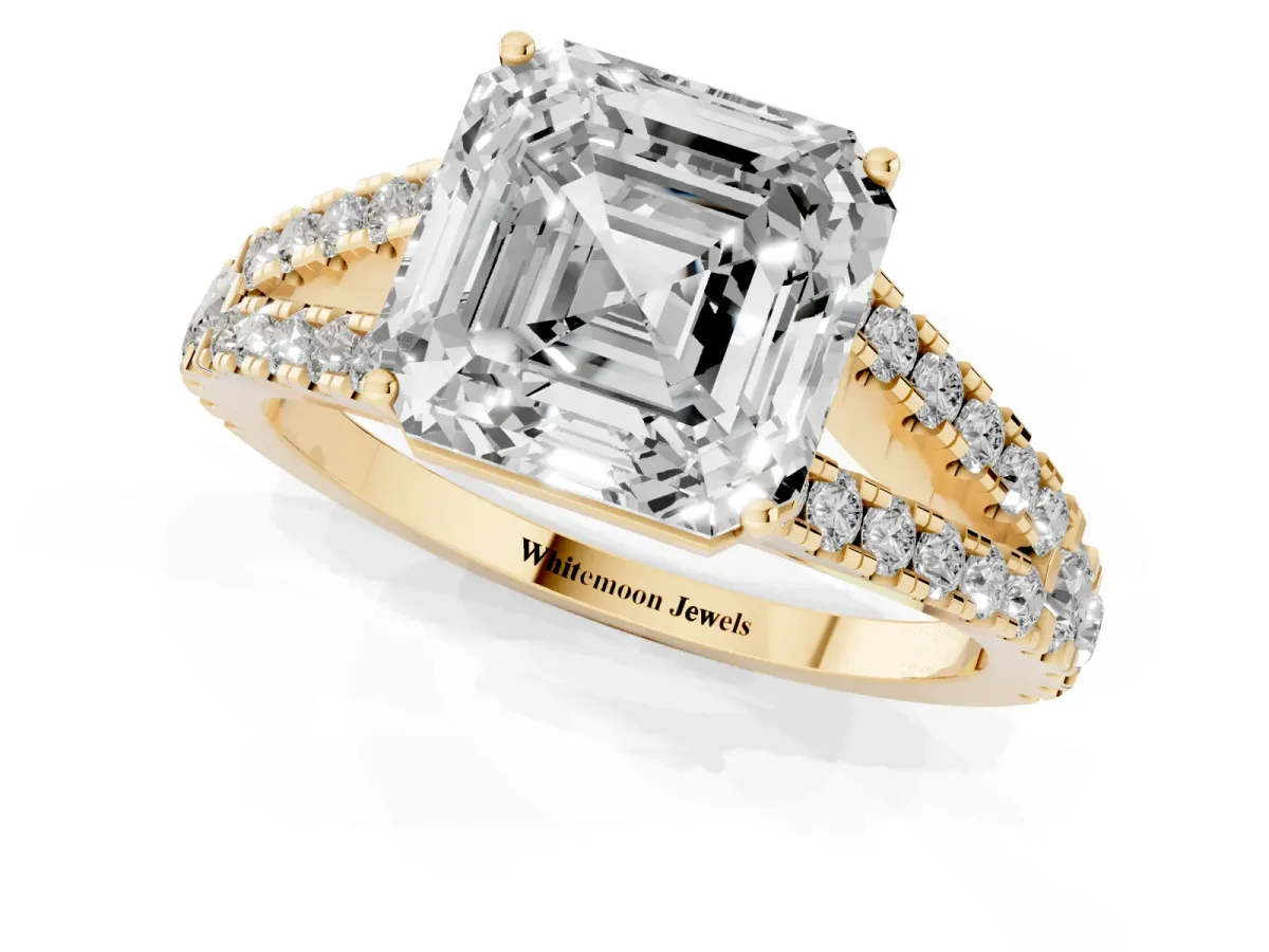 Asscher Cut Diamond Split Shank Pavé Engagement Ring with Four-Prong Setting Yellow gold