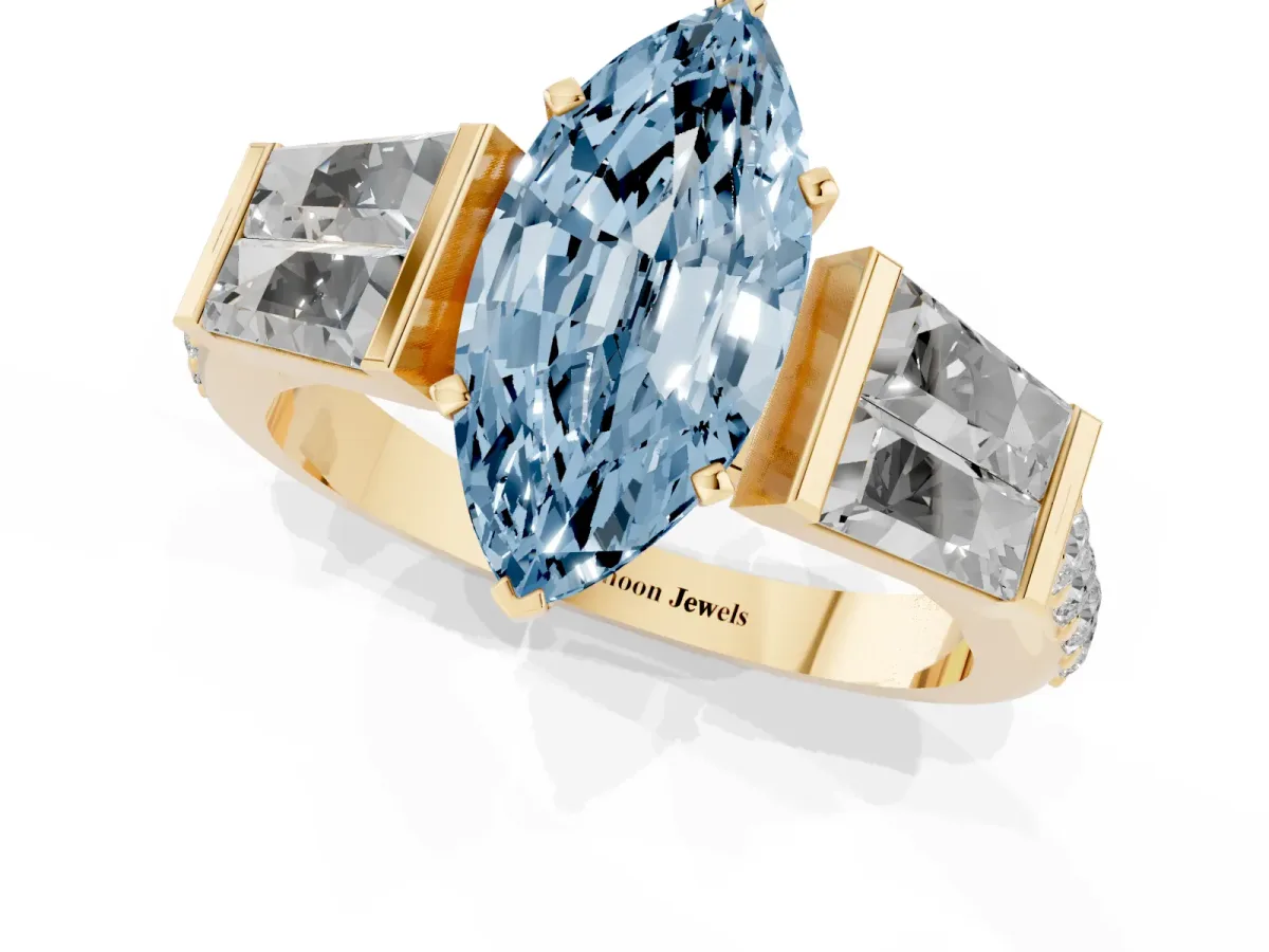 Fancy Blue Marquise Cut Diamond Engagement Ring with Baguette Side Stones and Channel Set Band Yellow gold