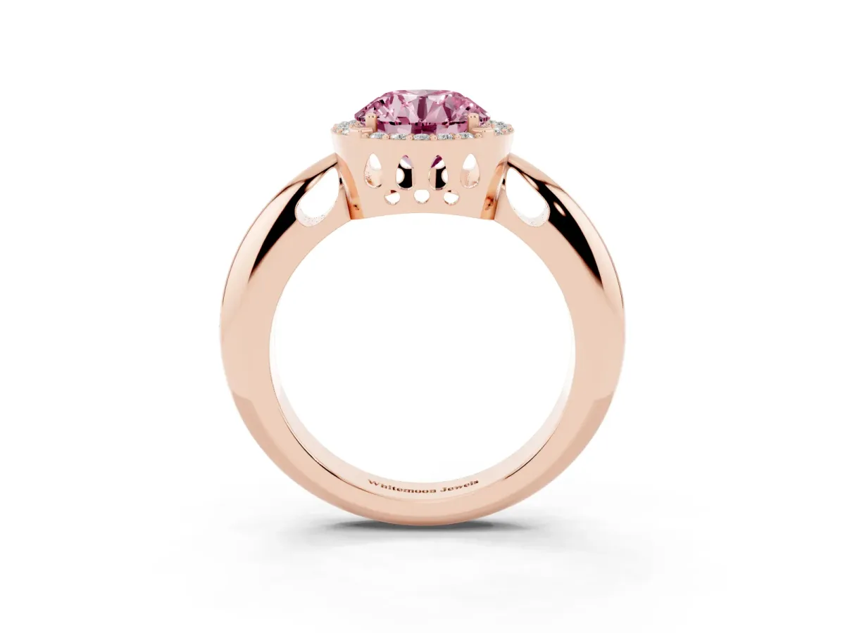 Fancy Pink Round Cut Cut Diamond Halo Engagement Ring with Split Shank and Four-Prong Setting Rose gold