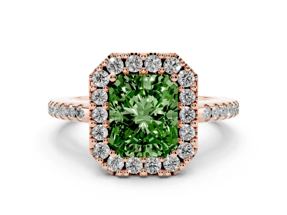 Fancy Green Radiant Cut Diamond Pavé Halo Ring with Four-Prong Setting Rose gold