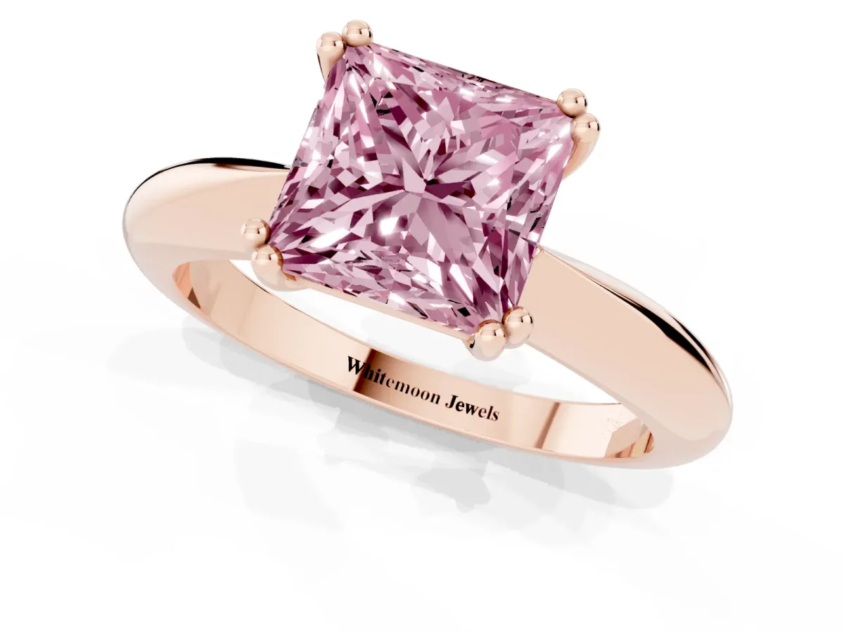 Fancy Pink Princess Cut Cut Solitaire Engagement Ring with Tapered Band and Four-Prong Setting Rose gold