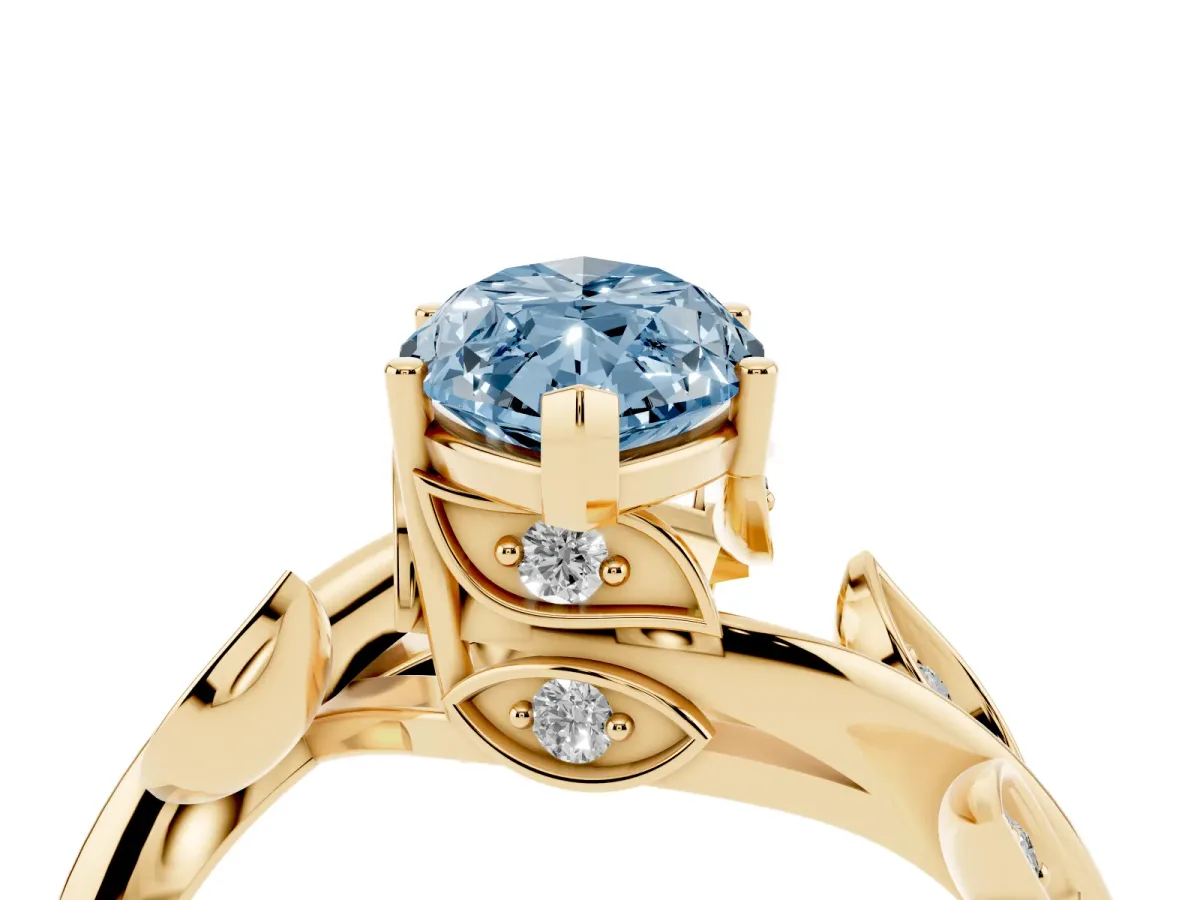 Fancy Blue Marquise Cut Solitaire Twist Engagement Ring with Leaf Accents and Prong Setting Yellow gold