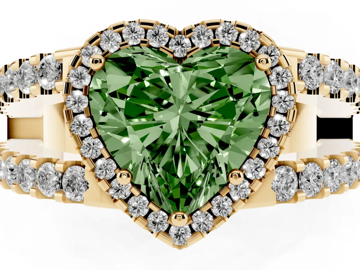 Fancy Green Heart Cut Cut Halo Split Shank Diamond Ring with Four-Prong Setting Yellow gold