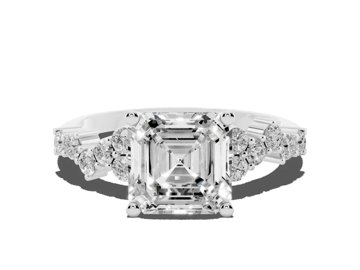 Asscher Cut Diamond Scattered Round Accent Ring with Prong Setting White gold