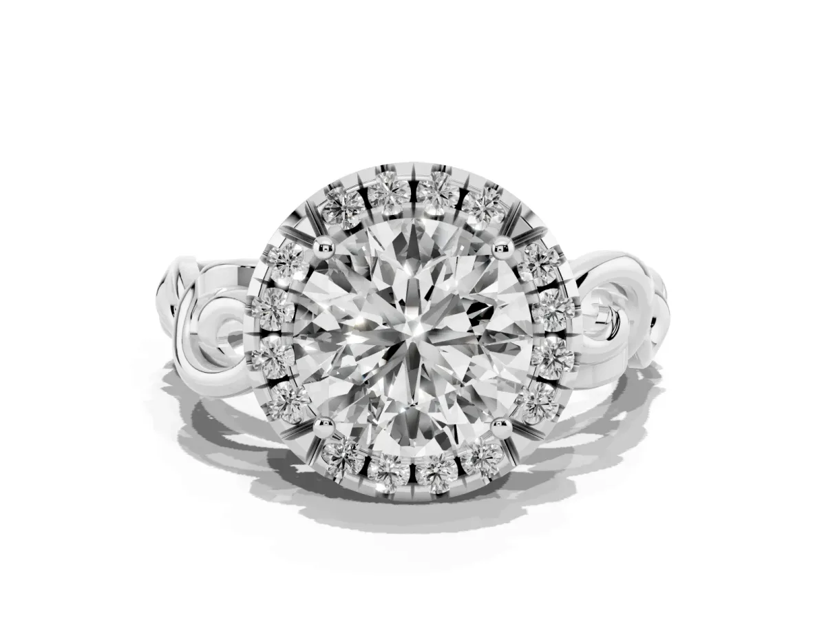 Round Cut Cut Halo Diamond Ring with Scrollwork Band and Four-Prong Setting Silver