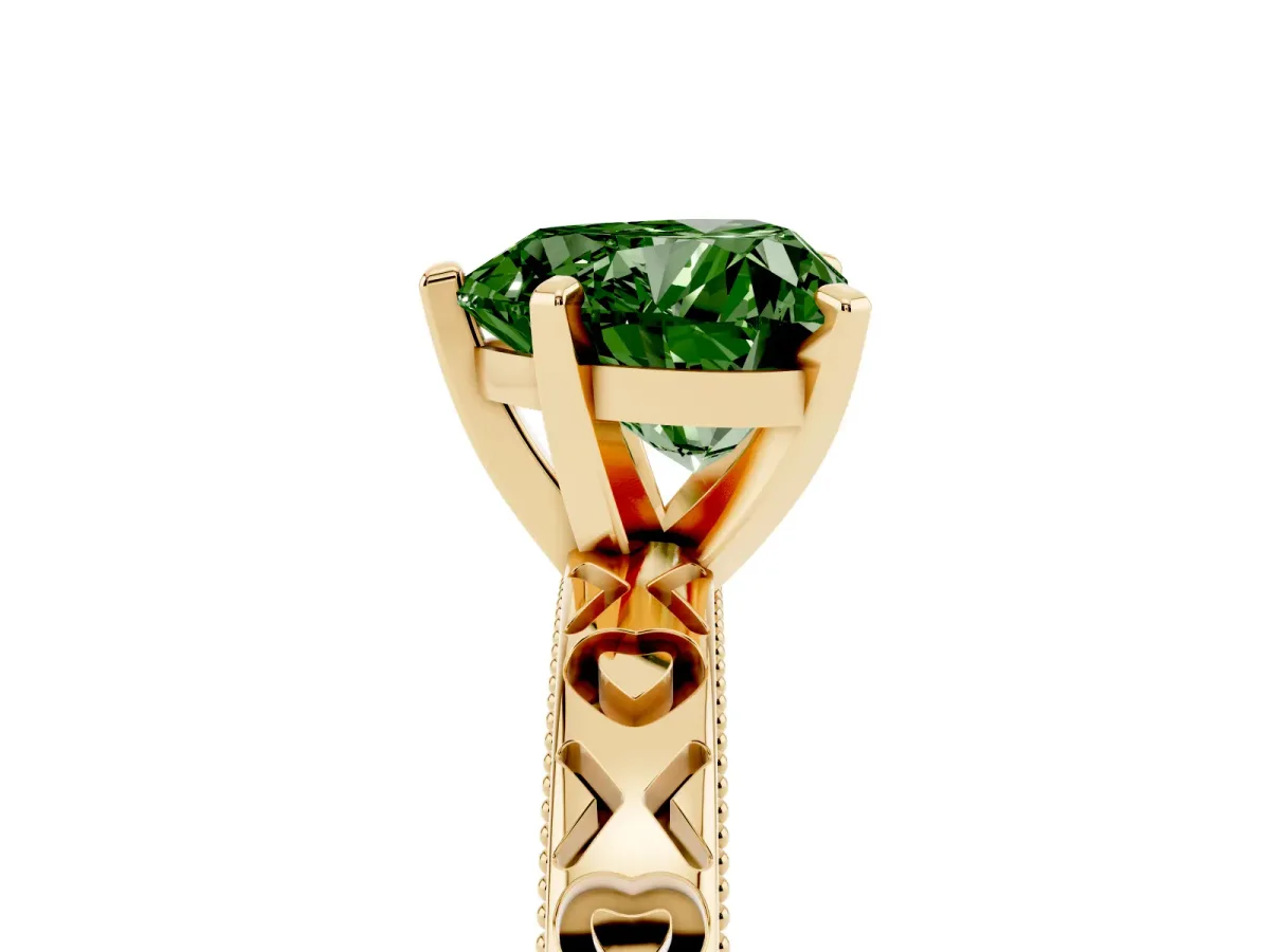 Fancy Green Heart Cut Solitaire Diamond Engagement Ring with XO Engraved Band and Four-Prong Setting Yellow gold