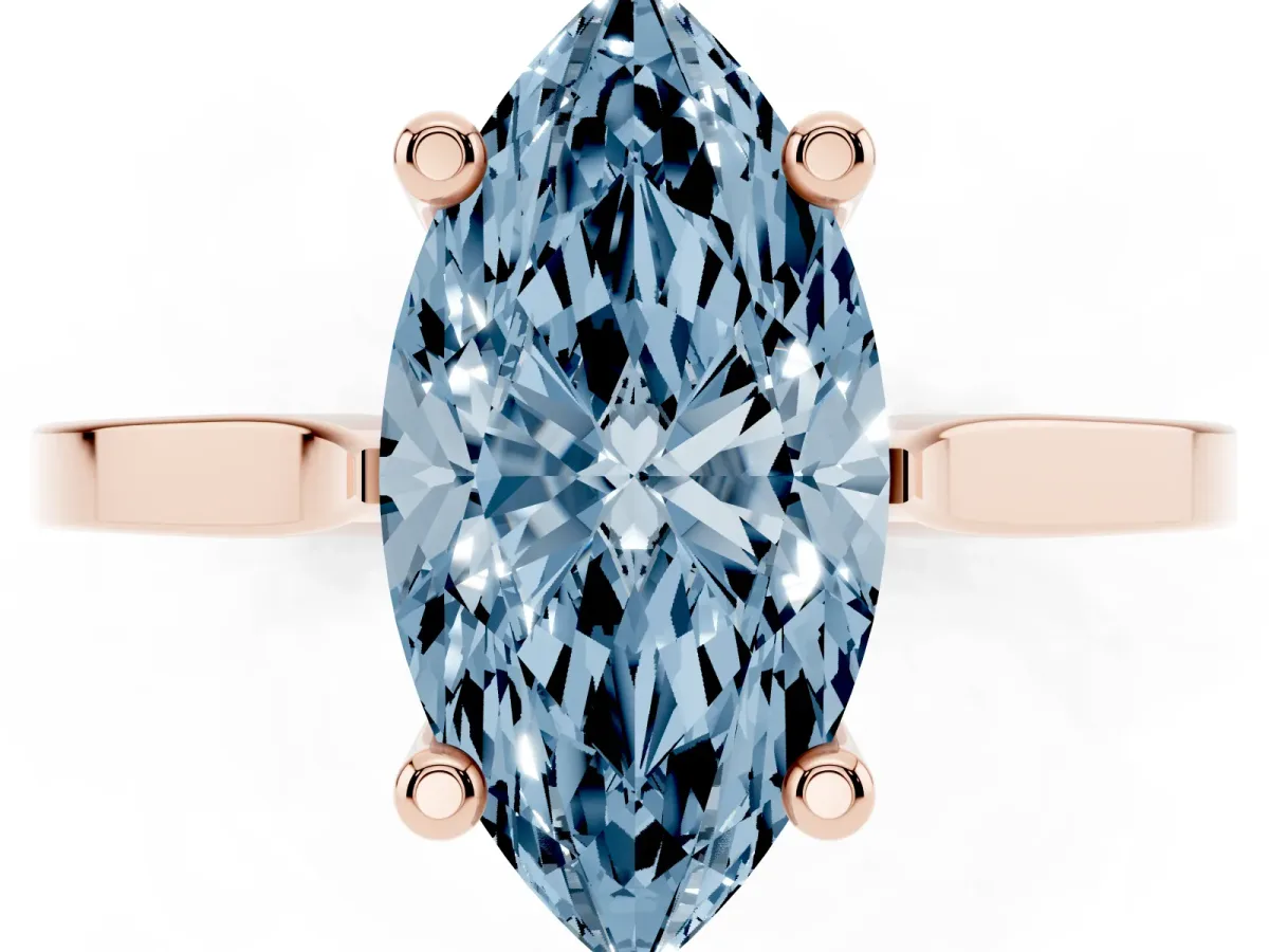 Fancy Blue Marquise Cut Solitaire Diamond Ring with Four-Prong Setting and Tapered Band Rose gold