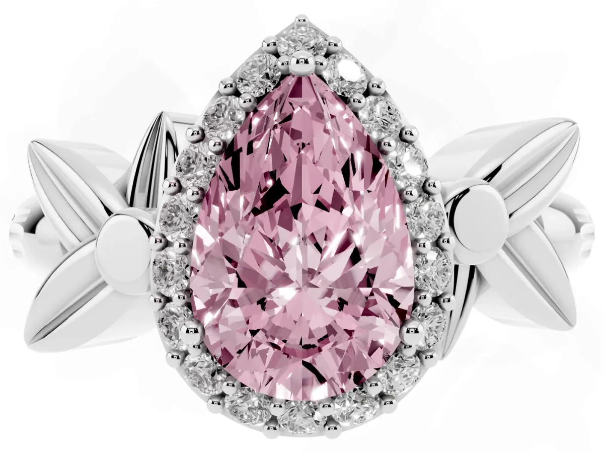 Fancy Pink Pear Cut Halo Diamond Floral Band with Four-Prong Setting White gold