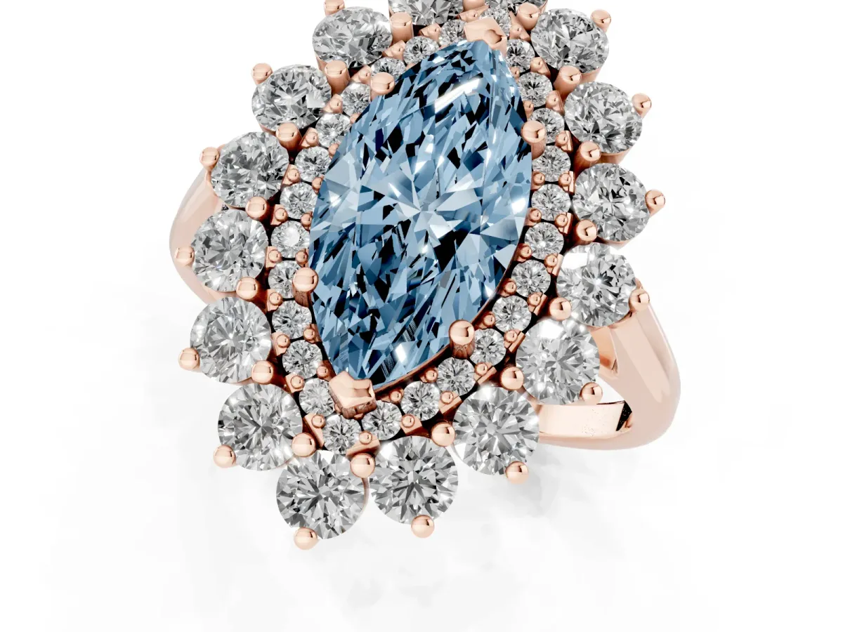 Fancy Blue Marquise Cut Diamond Floral Double Halo Engagement Ring with Prong Setting Rose gold
