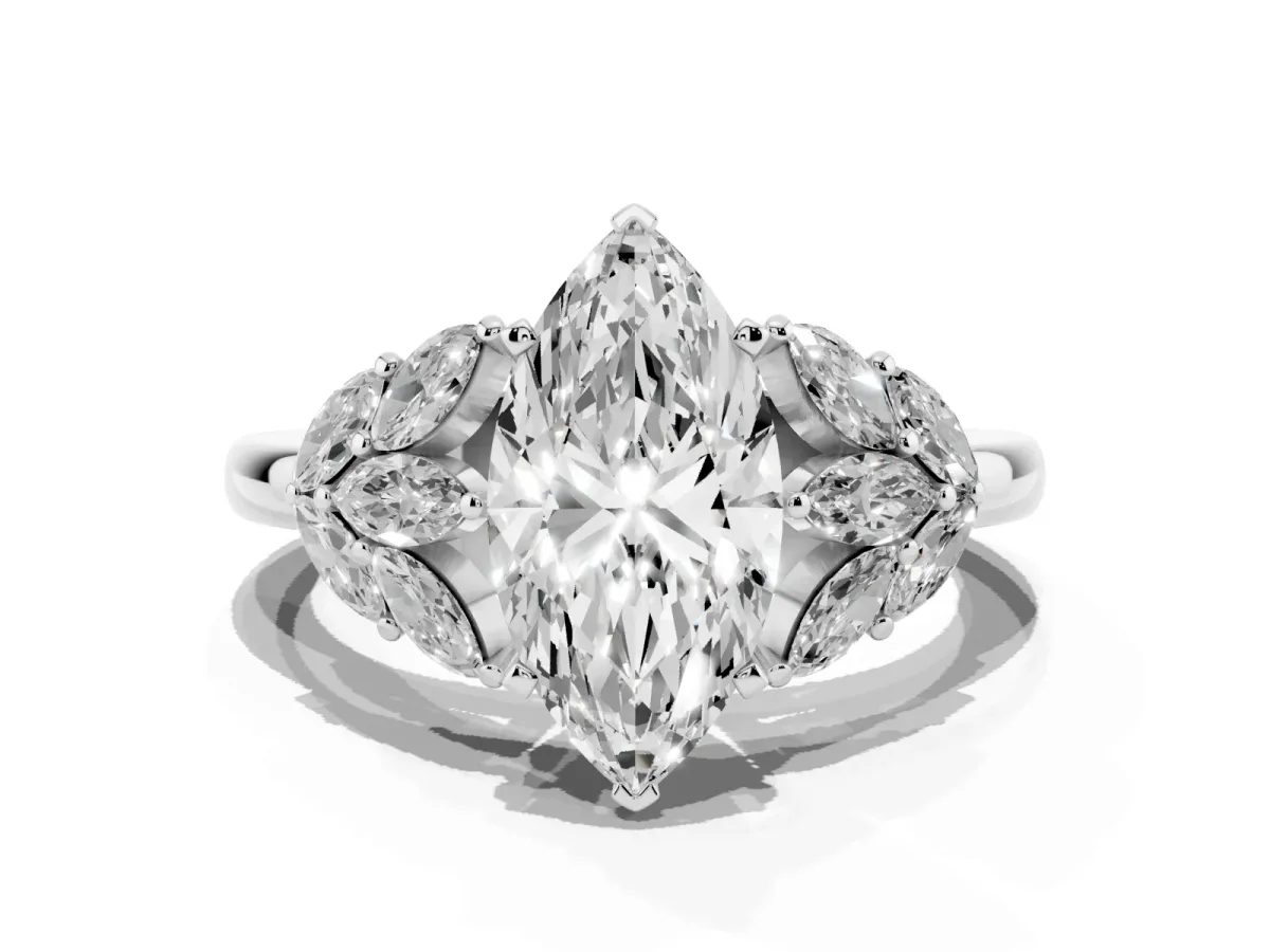 Marquise Cut Diamond Cluster Leaf Design Ring with Prong Setting Silver